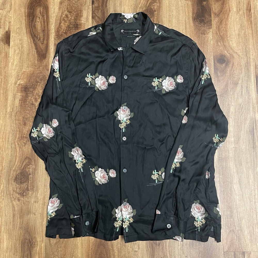 All Saints Black Button-Down Shirt with Pink Rose Print